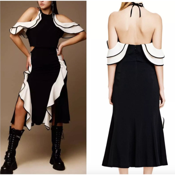 Jonathan Simkhai Ruffle Crepe Halter Off Shoulder Midi Dress 2 - Picture 3 of 13